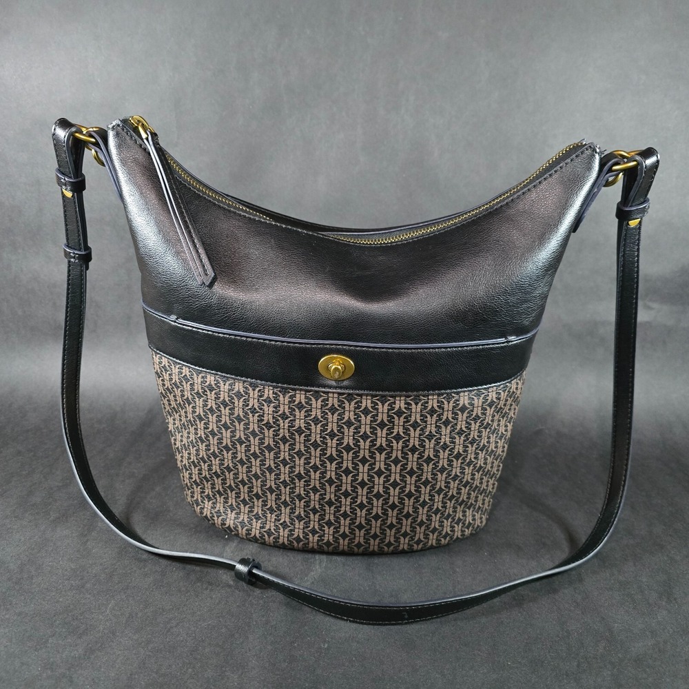 Fossil Talulla Shoulder Crossbody Bucket Purse Handbag Black And Tan Signature